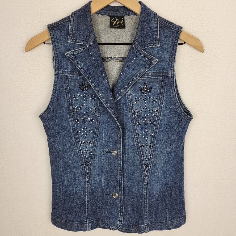 VTG Katina Marie Rhinestone Denim Vest XS/S Y2K Indie Sleaze Bling Western Gem